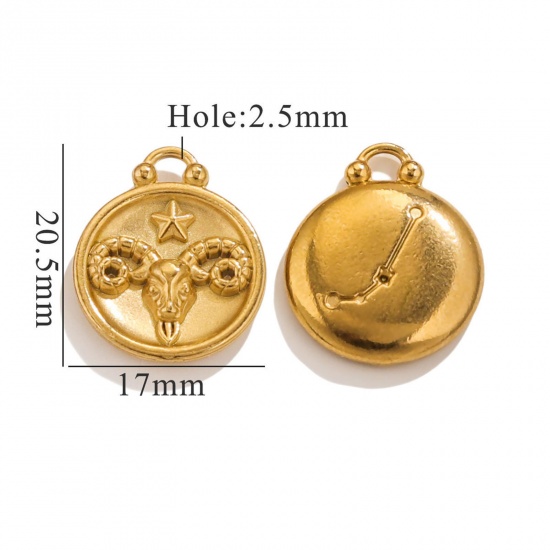Image de 5 Pcs Breloques en 304 Acier Inoxydable Rond Plaqué Or 18K Constellation Bélier 20.5mm x 17mm