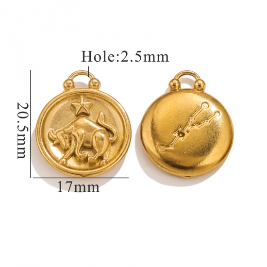 Image de 5 Pcs Breloques en 304 Acier Inoxydable Rond Plaqué Or 18K Constellation Taureaux 20.5mm x 17mm