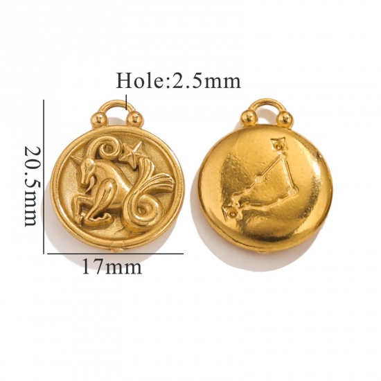 Image de 5 Pcs Breloques en 304 Acier Inoxydable Rond Plaqué Or 18K Constellation Capricorne 20.5mm x 17mm
