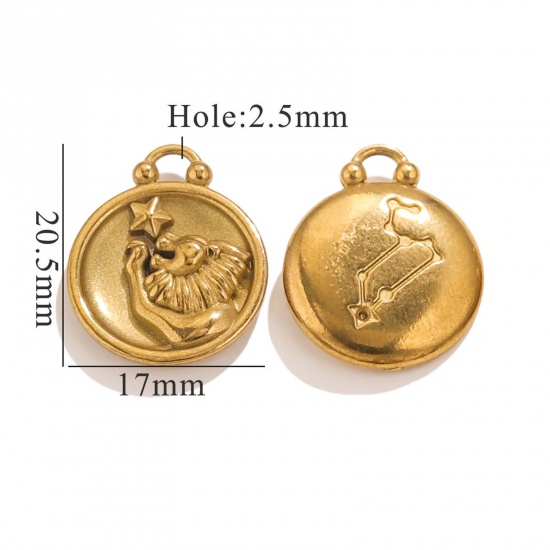 Image de 5 Pcs Breloques en 304 Acier Inoxydable Rond Plaqué Or 18K Constellation Lion 20.5mm x 17mm