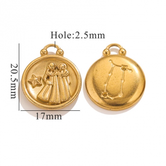 Image de 5 Pcs Breloques en 304 Acier Inoxydable Rond Plaqué Or 18K Constellation Gémeaux 20.5mm x 17mm
