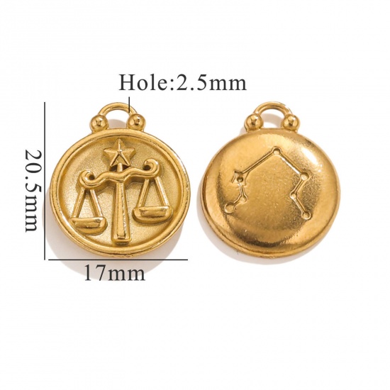 Image de 5 Pcs Breloques en 304 Acier Inoxydable Rond Plaqué Or 18K Constellation Balance 20.5mm x 17mm