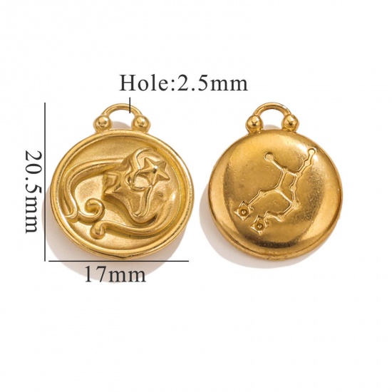 Image de 5 Pcs Breloques en 304 Acier Inoxydable Rond Plaqué Or 18K Constellation Vierge 20.5mm x 17mm