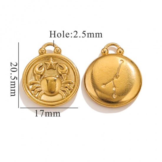 Image de 5 Pcs Breloques en 304 Acier Inoxydable Rond Plaqué Or 18K Constellation Cancer 20.5mm x 17mm