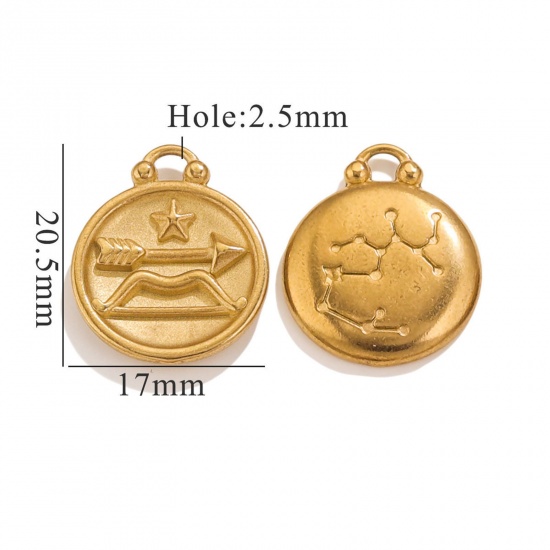 Image de 5 Pcs Breloques en 304 Acier Inoxydable Rond Plaqué Or 18K Constellation Sagittaire 20.5mm x 17mm