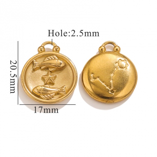 Image de 5 Pcs Breloques en 304 Acier Inoxydable Rond Plaqué Or 18K Constellation Poissons 20.5mm x 17mm