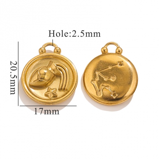 Image de 5 Pcs Breloques en 304 Acier Inoxydable Rond Plaqué Or 18K Constellation Verseau 20.5mm x 17mm