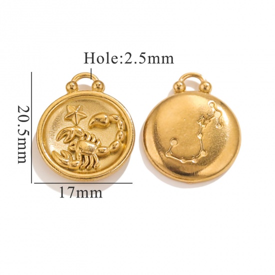 Image de 5 Pcs Breloques en 304 Acier Inoxydable Rond Plaqué Or 18K Constellation Scorpion 20.5mm x 17mm