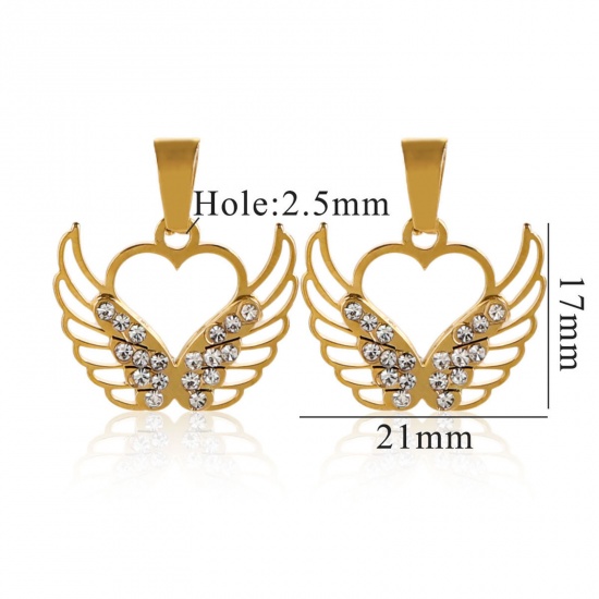 1 個 真空メッキ 304ステンレス鋼 チャーム ペンダント 翼 18Kゴールドメッキ 透かし 24mm x 21mm、 の画像