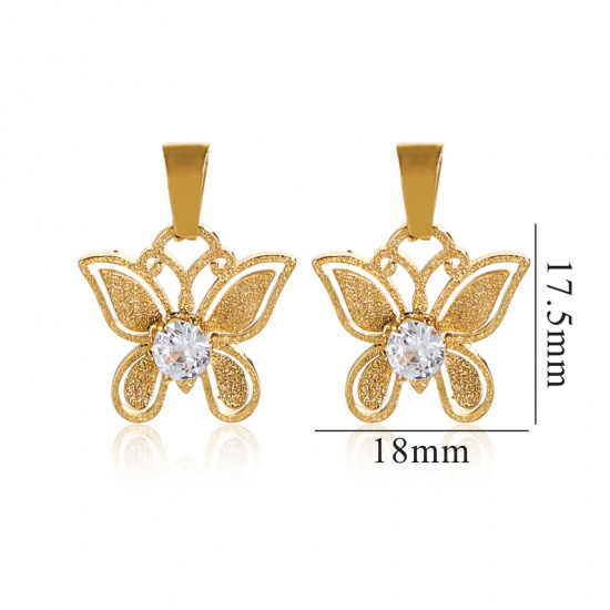 1 個 真空メッキ 304ステンレス鋼 チャーム ペンダント 蝶 18Kゴールドメッキ 透かし 24mm x 18mm、 の画像