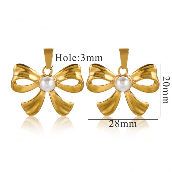 1 個 真空メッキ 304ステンレス鋼 チャーム ペンダント リボン 18Kゴールドメッキ 28mm x 26mm、 の画像