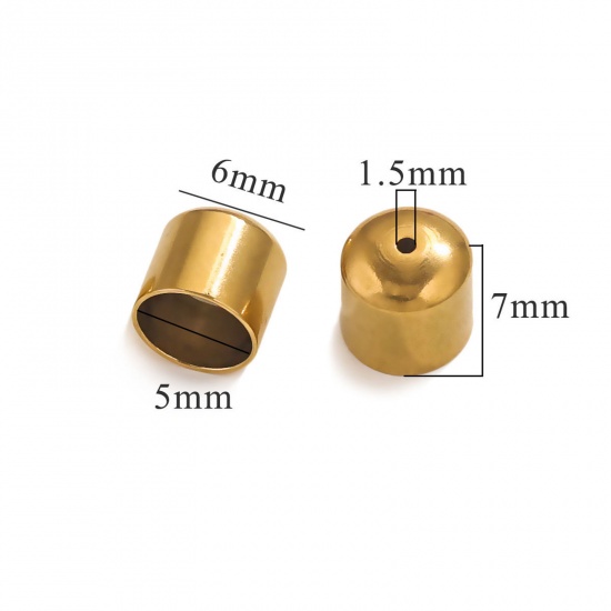 Picture of 10 PCs Vacuum Plating 304 Stainless Steel Cord End Caps For Necklace Bracelet Jewelry Making Cylinder 18K Gold Plated (Fits 5mm Cord) 7mm x 6mm