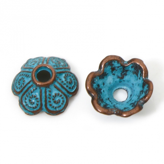 Picture of 100 PCs Zinc Based Alloy Patina Beads Caps Flower Spiral Antique Copper Green Blue (Fit Beads Size: 14mm Dia.) 9mm x 8.5mm