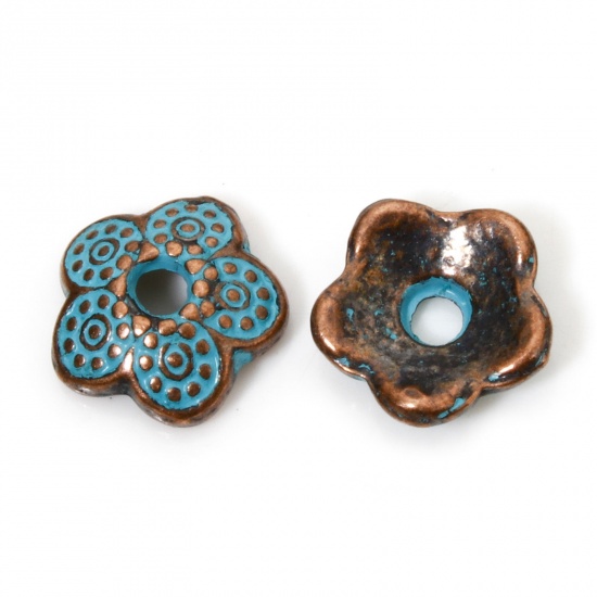 Picture of 100 PCs Zinc Based Alloy Patina Beads Caps Flower Dot Antique Copper Green Blue (Fit Beads Size: 14mm Dia.) 9mm x 9mm