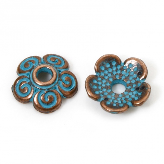 Picture of 200 PCs Zinc Based Alloy Patina Beads Caps Flower Spiral Antique Copper Green Blue (Fit Beads Size: 14mm Dia.) 8mm x 8mm