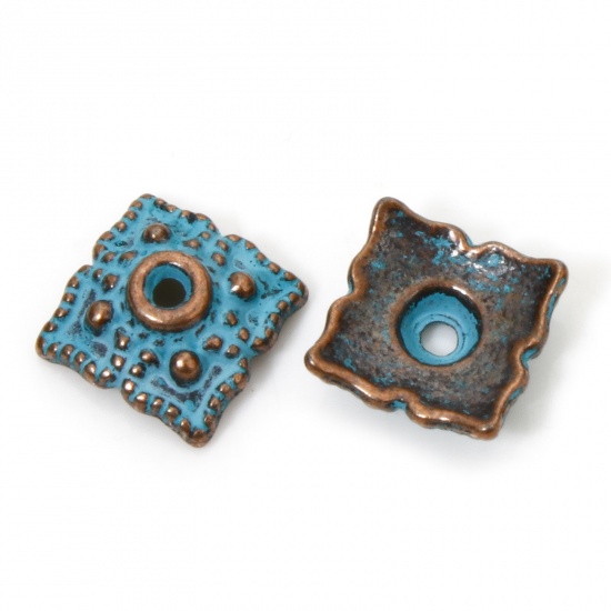 Picture of 200 PCs Zinc Based Alloy Patina Beads Caps Flower Dot Antique Copper Green Blue (Fit Beads Size: 14mm Dia.) 8mm x 8mm