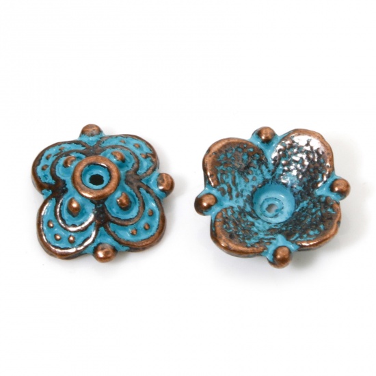 Picture of 100 PCs Zinc Based Alloy Patina Beads Caps Flower Antique Copper Green Blue (Fit Beads Size: 16mm Dia.) 10mm x 10mm