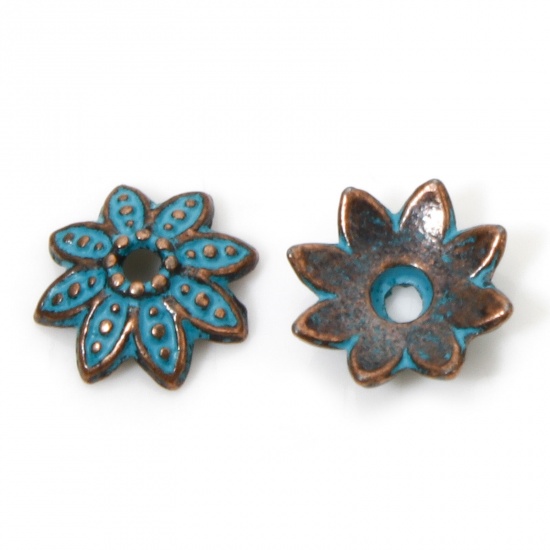 Picture of 200 PCs Zinc Based Alloy Patina Beads Caps Flower Antique Copper Green Blue (Fit Beads Size: 14mm Dia.) 8mm x 8mm