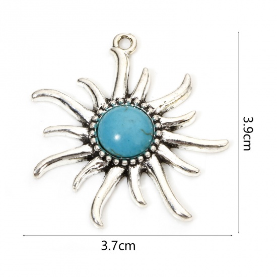 Immagine di 5 Pz Lega di Zinco Stile Bohemien Ciondoli Pendenti Argento Antico Sole Con Resina Cabochon Imitazione Turchese 3.9cm x 3.7cm