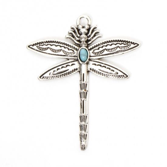 Picture of 2 PCs Zinc Based Alloy Boho Chic Bohemia Pendants Antique Silver Color Dragonfly Animal With Resin Cabochons Imitation Turquoise 5.2cm x 4.4cm