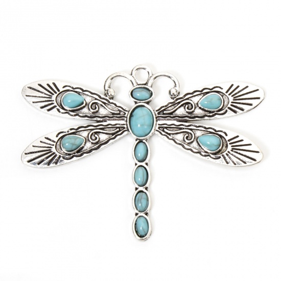 Picture of 2 PCs Zinc Based Alloy Boho Chic Bohemia Pendants Antique Silver Color Dragonfly Animal With Resin Cabochons Imitation Turquoise 6.4cm x 4.7cm