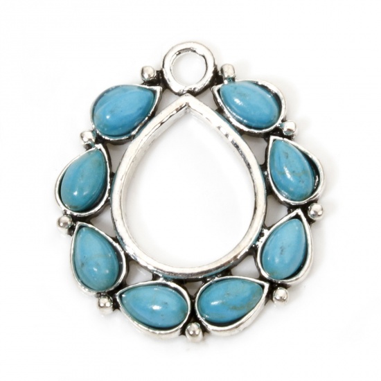 Picture of 2 PCs Zinc Based Alloy Boho Chic Bohemia Charms Antique Silver Color Oval With Resin Cabochons Imitation Turquoise 29mm x 26mm