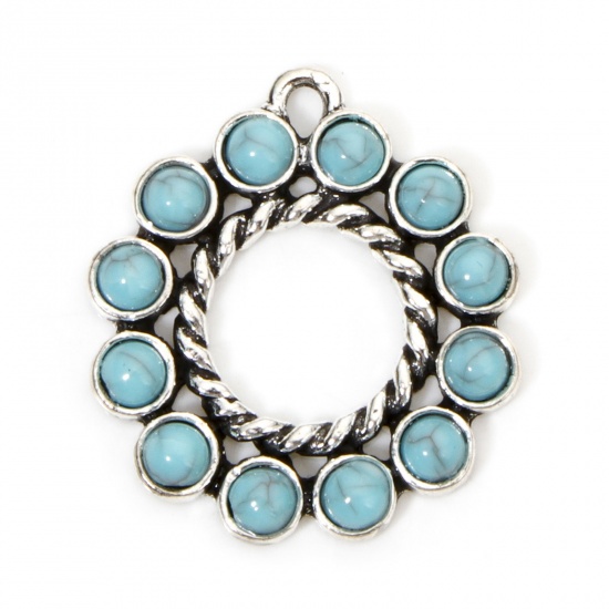 Picture of 2 PCs Zinc Based Alloy Boho Chic Bohemia Charms Antique Silver Color Round With Resin Cabochons Imitation Turquoise 28mm x 25mm