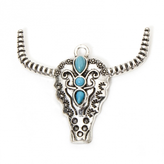 Picture of 2 PCs Zinc Based Alloy Boho Chic Bohemia Charms Antique Silver Color Bull Head/ Cow Head With Resin Cabochons Imitation Turquoise 5cm x 4.4cm