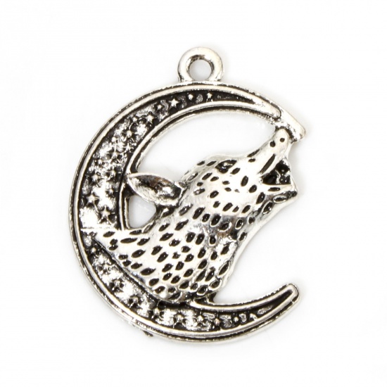 Picture of 10 PCs Zinc Based Alloy Galaxy Charms Antique Silver Color Half Moon Wolf 28mm x 22mm