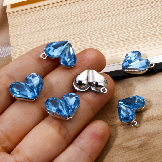 Immagine di 2 Pz Ottone San Valentino Ciondoli Cuore Platino Placcato Blu Cubic Zirconiae 16mm x 15mm