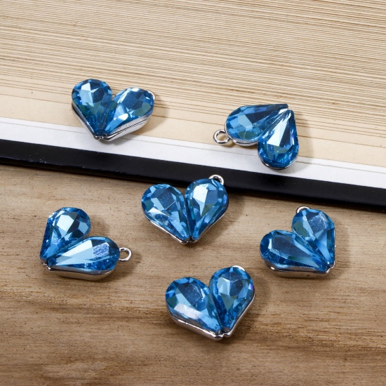 Immagine di 2 Pz Ottone San Valentino Ciondoli Cuore Platino Placcato Blu Cubic Zirconiae 16mm x 15mm