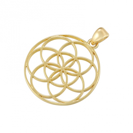 Picture of 1 Piece Brass Pendants 18K Gold Plated Flower Of Life Hollow 4cm x 3cm