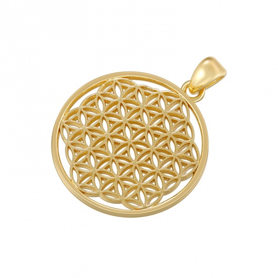 Picture of 1 Piece Brass Pendants 18K Gold Plated Flower Of Life Hollow 4cm x 3cm