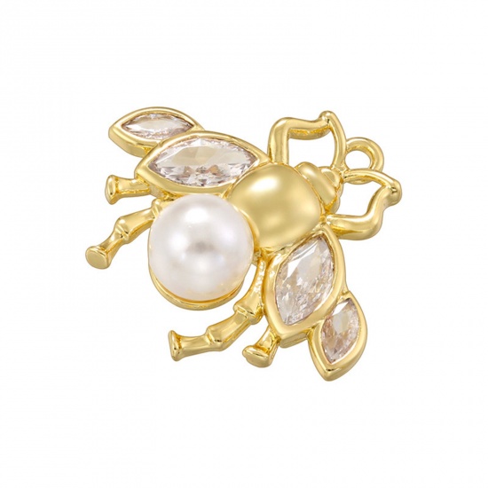 Picture of 1 Piece Brass Charms 18K Gold Plated Bee Animal Acrylic Imitation Pearl Clear Rhinestone 19.5mm x 17.5mm