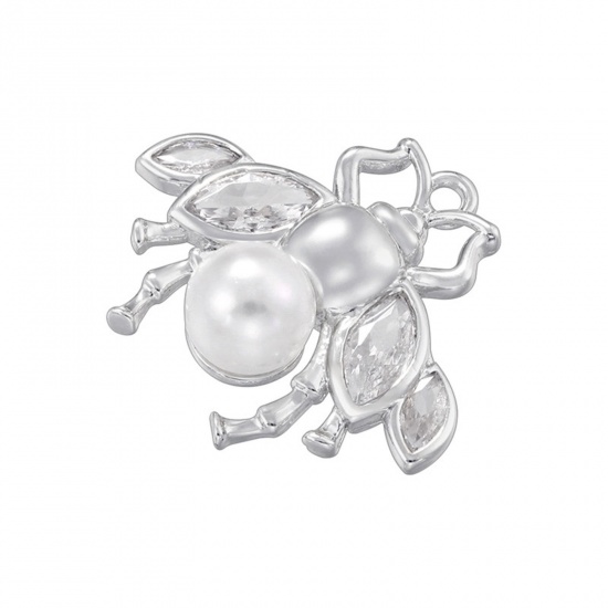 Picture of 1 Piece Brass Charms Platinum Plated Bee Animal Acrylic Imitation Pearl Clear Rhinestone 19.5mm x 17.5mm