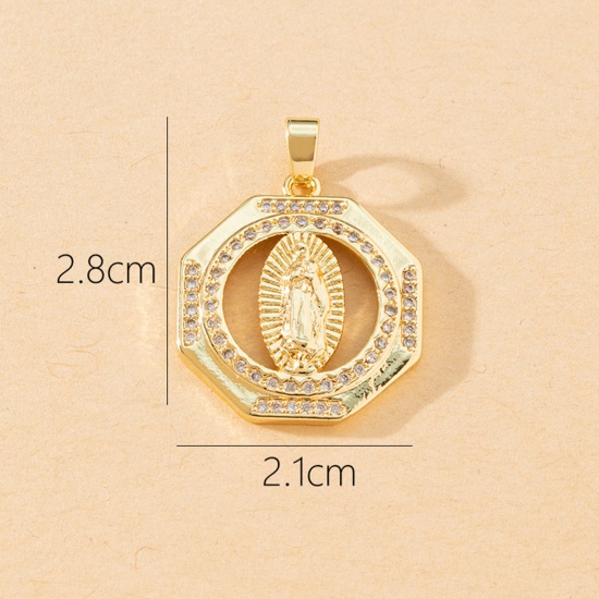 Picture of 1 Piece Brass Religious Pendants 18K Gold Plated Octagon Virgin Mary Micro Pave Clear Cubic Zirconia 28mm x 21mm