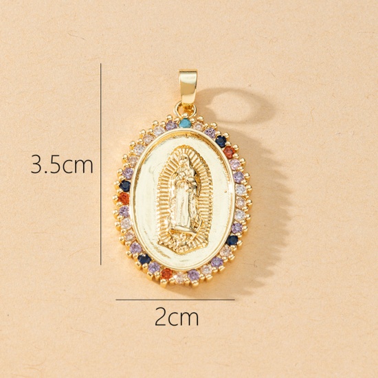 Immagine di 1 Pz Ottone Religione Ciondoli Pendenti Ovale Placcato Oro 18K Vergine Maria Micro Spianare Multicolore Cubic Zirconiae 3.5cm x 2cm