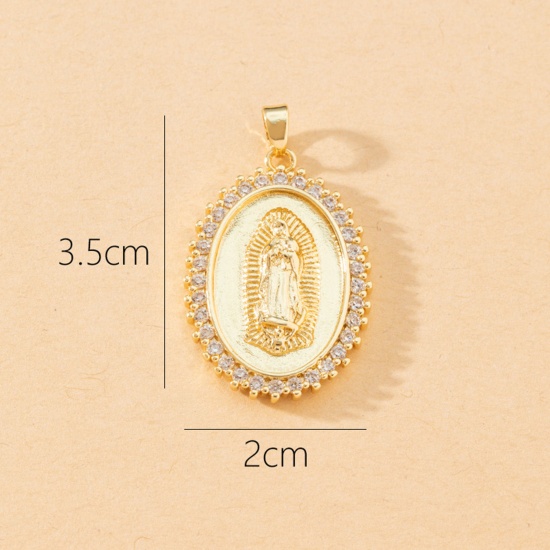 Picture of 1 Piece Brass Religious Pendants 18K Gold Plated Oval Virgin Mary Micro Pave Clear Cubic Zirconia 3.5cm x 2cm