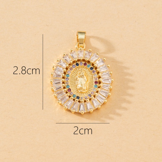 Picture of 1 Piece Brass Religious Pendants 18K Gold Plated Oval Virgin Mary Micro Pave Multicolour Cubic Zirconia 28mm x 20mm