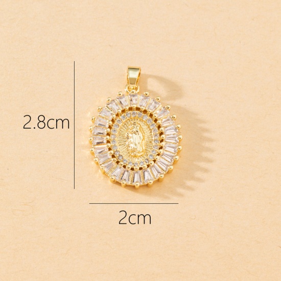 Picture of 1 Piece Brass Religious Pendants 18K Gold Plated Oval Virgin Mary Micro Pave Clear Cubic Zirconia 28mm x 20mm