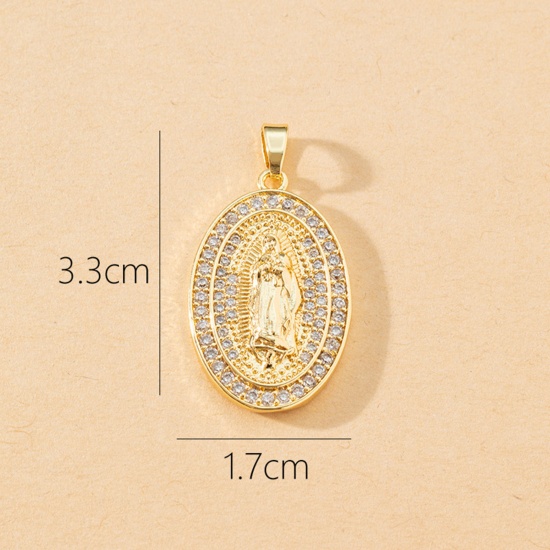 Picture of 1 Piece Brass Religious Pendants 18K Gold Plated Oval Virgin Mary Micro Pave Clear Cubic Zirconia 3.3cm x 1.7cm