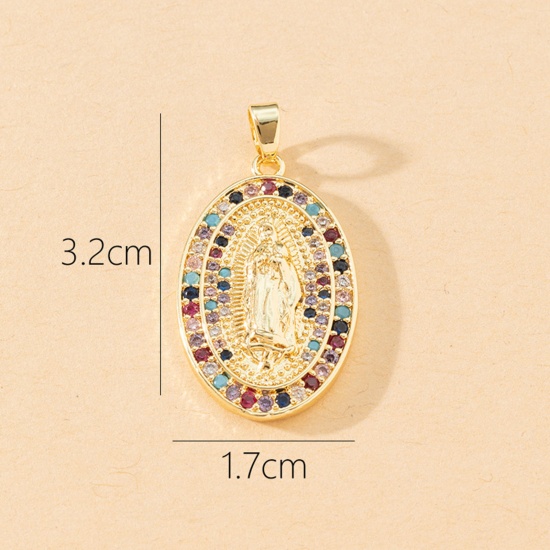 Picture of 1 Piece Brass Religious Pendants 18K Gold Plated Oval Virgin Mary Micro Pave Multicolour Cubic Zirconia 3.2cm x 1.7cm