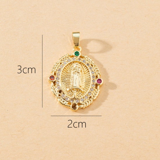 Picture of 1 Piece Brass Religious Pendants 18K Gold Plated Oval Virgin Mary Micro Pave Multicolour Cubic Zirconia 3cm x 2cm