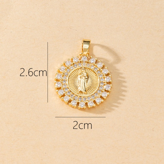 Picture of 1 Piece Brass Religious Pendants 18K Gold Plated Round Virgin Mary Micro Pave Clear Cubic Zirconia 26mm x 20mm