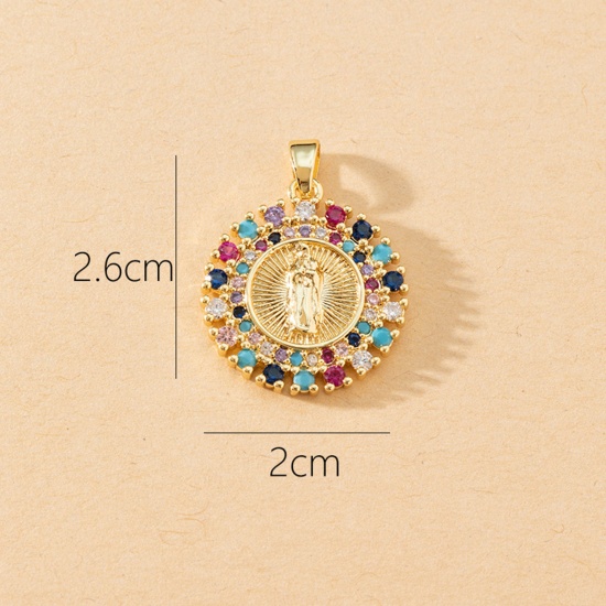 Picture of 1 Piece Brass Religious Pendants 18K Gold Plated Round Virgin Mary Micro Pave Multicolour Cubic Zirconia 26mm x 20mm