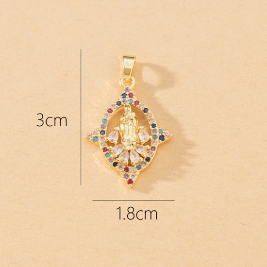 Immagine di 1 Pz Ottone Religione Ciondoli Pendenti Ovale Placcato Oro 18K Vergine Maria Micro Spianare Multicolore Cubic Zirconiae 3cm x 1.8cm