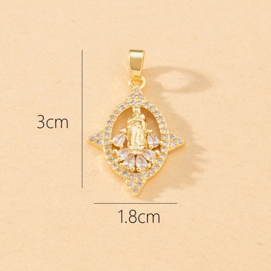 Immagine di 1 Pz Ottone Religione Ciondoli Pendenti Ovale Placcato Oro 18K Vergine Maria Micro Spianare Trasparente Cubic Zirconiae 3cm x 1.8cm