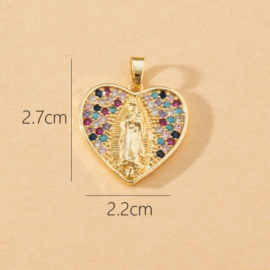 Immagine di 1 Pz Ottone Religione Ciondoli Pendenti Cuore Placcato Oro 18K Vergine Maria Micro Spianare Multicolore Cubic Zirconiae 27mm x 22mm