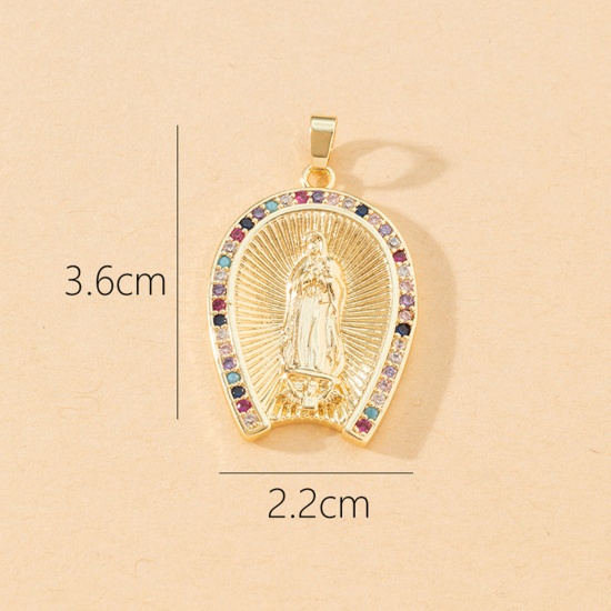 Picture of 1 Piece Brass Religious Pendants 18K Gold Plated Luck Horseshoe Virgin Mary Micro Pave Multicolour Cubic Zirconia 3.6cm x 2.2cm