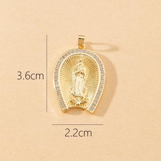 Picture of 1 Piece Brass Religious Pendants 18K Gold Plated Luck Horseshoe Virgin Mary Micro Pave Clear Cubic Zirconia 3.6cm x 2.2cm